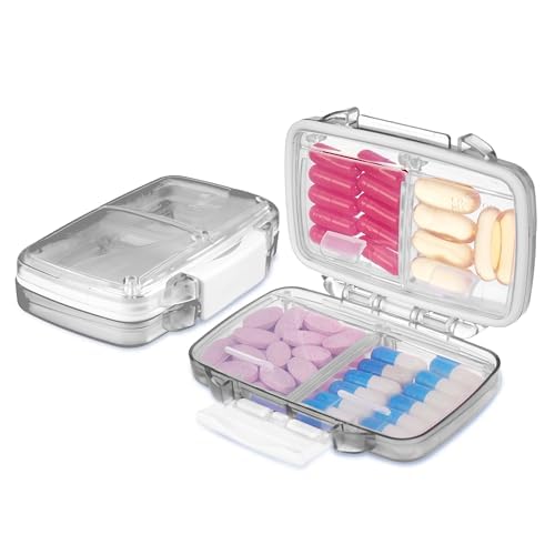 Fullicon 2 Pack Travel Pill Organizer, 4 Compartments Portable Pill Case, Moisture Proof Small Pill Box with Labels, Travel Pill