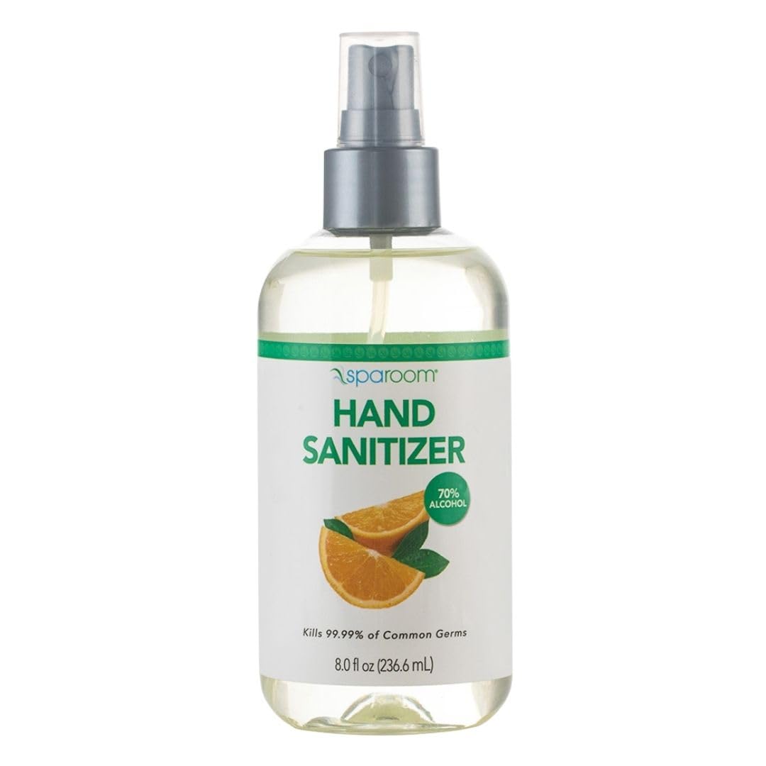SpaRoom Hydrating Hand Sanitizer, 70% Alcohol with Aloe Vera & Essential Oils, Orange Scent, 8 Fl Oz Spray Bottle