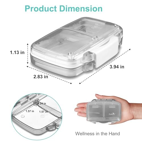 Fullicon 2 Pack Travel Pill Organizer, 4 Compartments Portable Pill Case, Moisture Proof Small Pill Box with Labels, Travel Pill