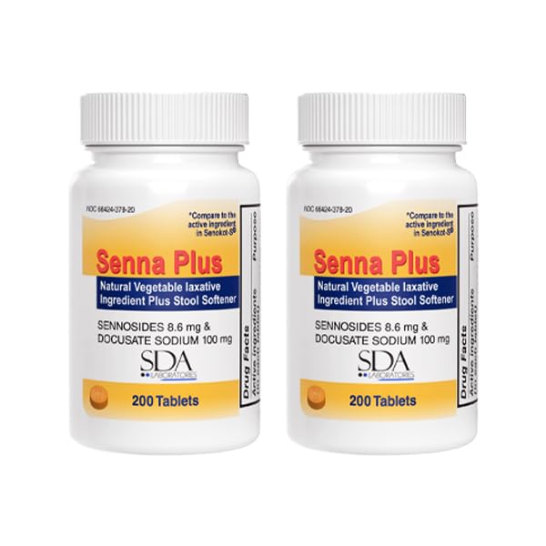 SDA LABORATORIES Senna Plus Sennosides 8.6mg and Docusate 100mg Tablets, Dual Action Natural Laxative and Stool Softener for Eff