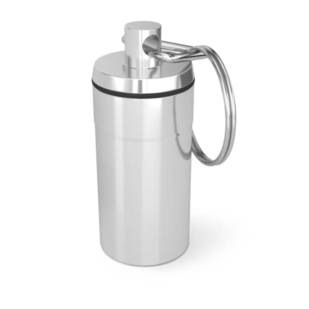 EZY DOSE Keychain Pill Box and Medicine, Vitamin Container, Safe for Money & Travel Items, Metal Canister, Medium Compartments,