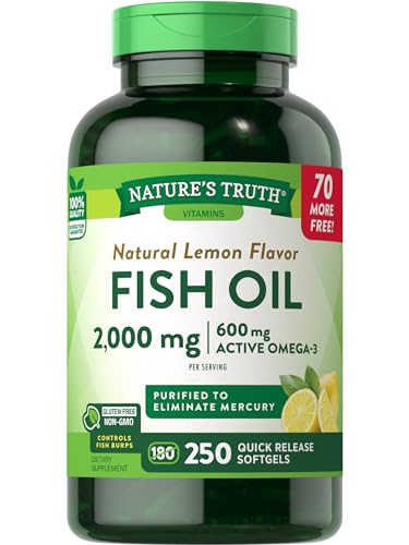Burpless Fish Oil Pills 2000 mg | 600 mg Omega 3 | 250 Softgels | Natural Lemon Flavor | Non-GMO, Gluten Free Supplement | by Na