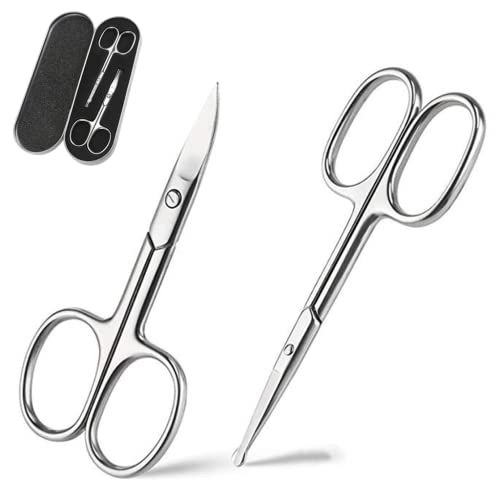 Maycreate 2Pcs Nose Scissors Beard Mustache Eyebrow Trimmer Stainless Steel Set With Storage Box (Silver)