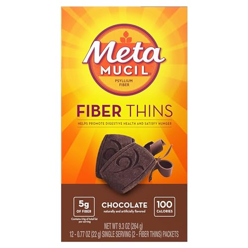Metamucil Fiber Thins, Psyllium Husk Fiber Supplement, Digestive Health Support and Satisfy Hunger, Chocolate Flavored, 12 Servi