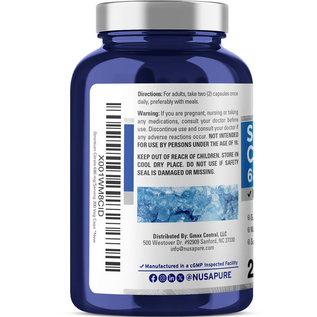 NusaPure Strontium Citrate - Suitable for Vegetarian/Vegan, Non - GMO - 680 mg 200 Capsules