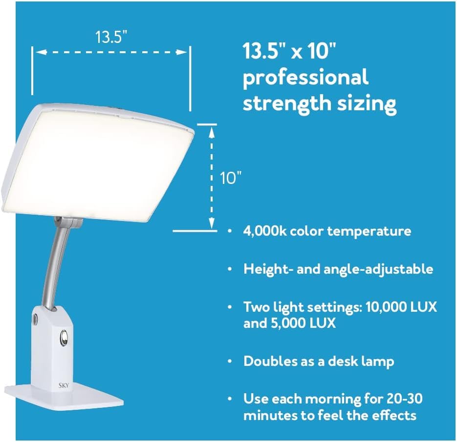 Carex Day-Light Sky Bright Sunlight Therapy Lamp, 10000 LUX Therapy Lamp at 12 Inches, LED Bright White Light with Adjustable He