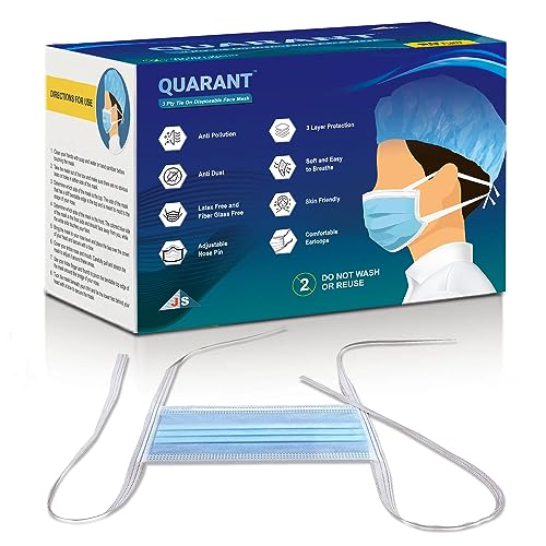 Quarant Meltblown Fabric 3 Ply Tie On Disposable Face Mask With Nose Clip (Blue, Pack Of 50) For Unisex