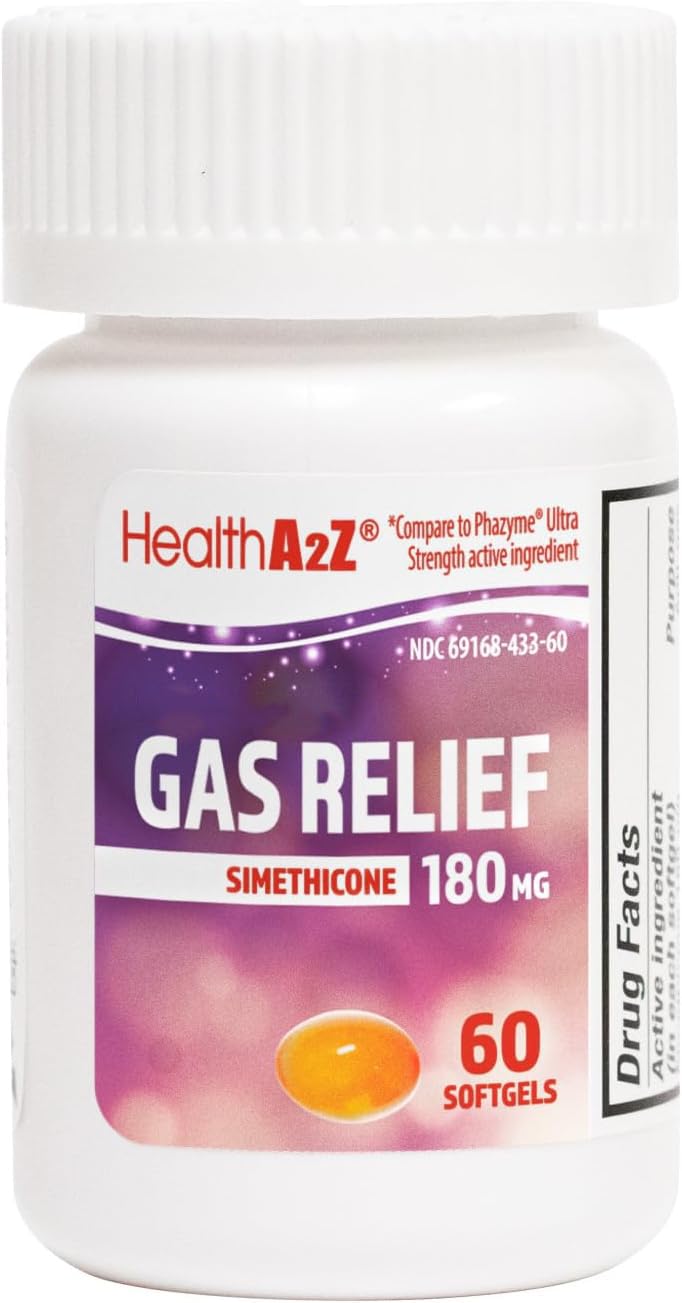 HealthA2Z Gas Relief Simethicone 180mg | Relieves from Stomach Discomfort and Gas | Anti Flatulence | Relieves Gas Fast (60 Coun