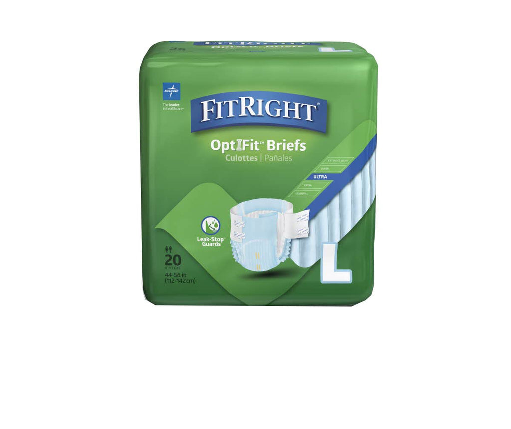 Medline FitRight OptiFit Ultra Adult Briefs, Incontinence Diapers with Tabs, Heavy Absorbency, Large, 44 to 56, 20 Count