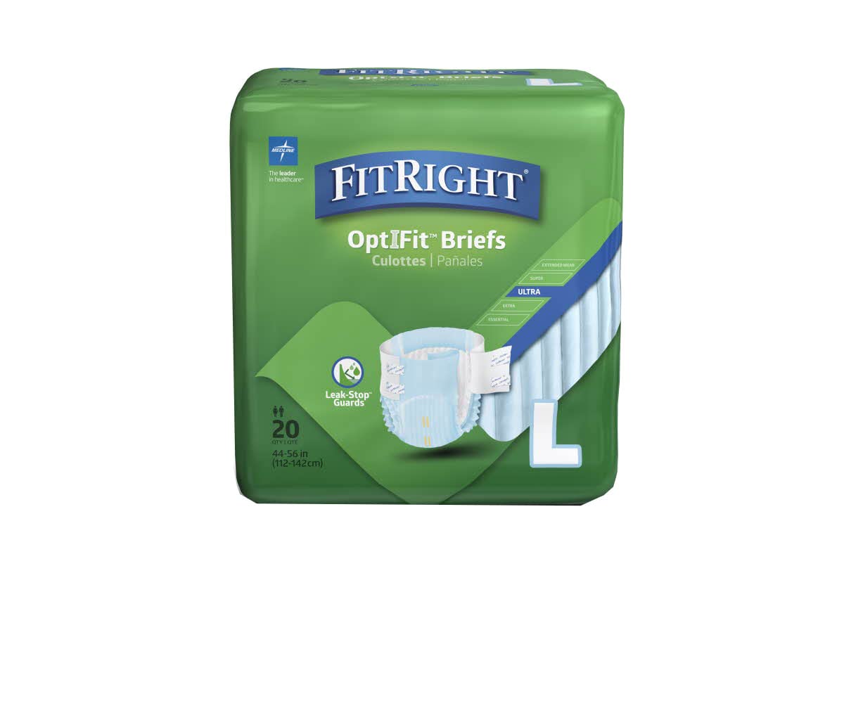 Medline FitRight OptiFit Ultra Adult Briefs, Incontinence Diapers with Tabs, Heavy Absorbency, Large, 44 to 56, 20 Count