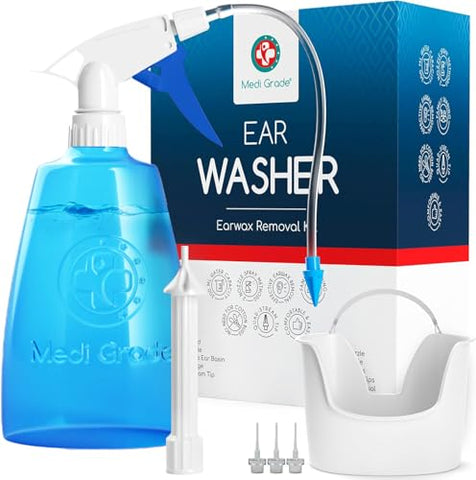 Medi grade Earwax Removal Kit, 10 oz Bottle - Ear cleaner Ear Wax Remover with 2x Spray Nozzles clean Ears & control cerumen Nat
