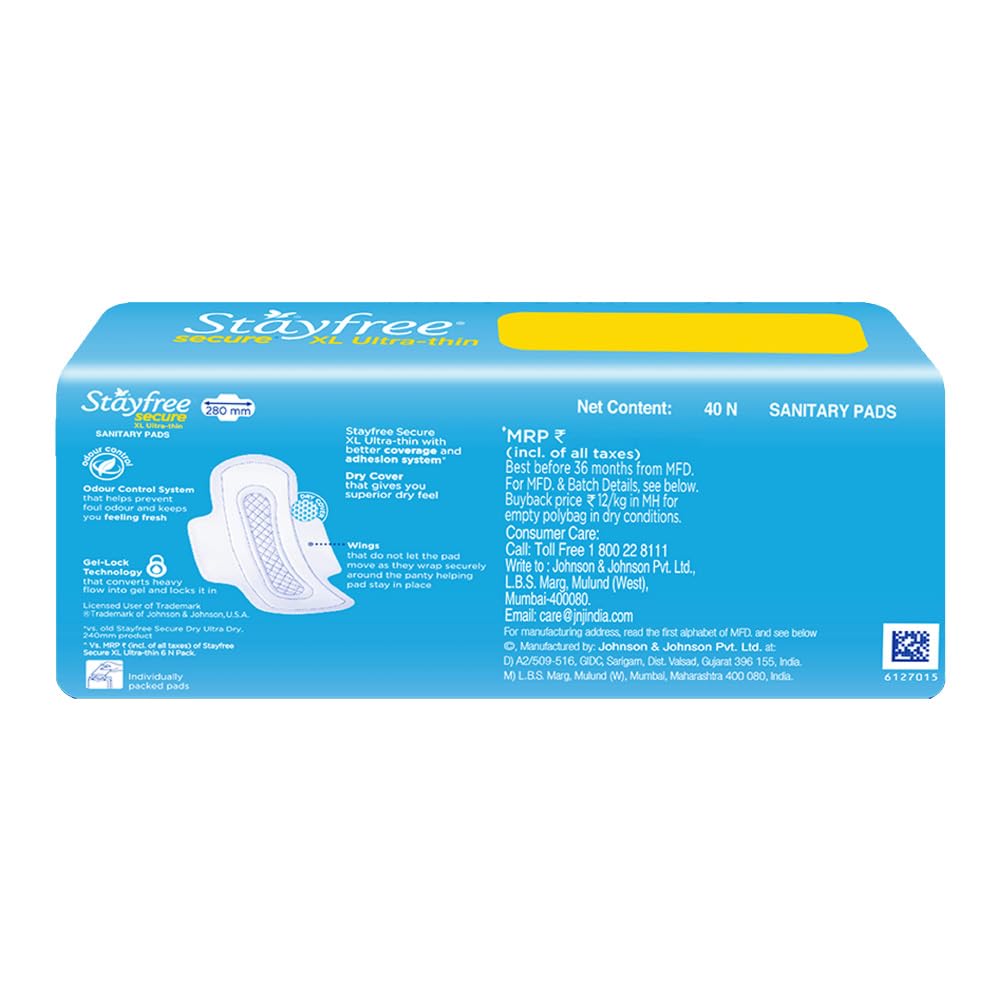 Stayfree Secure XL Ultra Thin Dry Cover Sanitary Pads For Women With Wings, 40 Pads