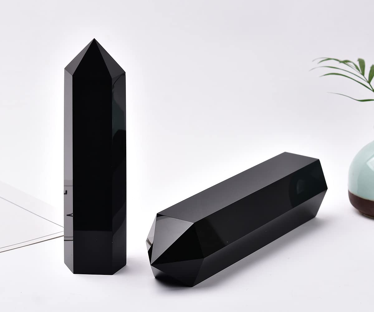 MOGEMT Large Black Obsidian Crystal Tower Natural Healing Crystal Point Wand Obelisk 6 Faceted Reiki Chakra Meditation Therapy H