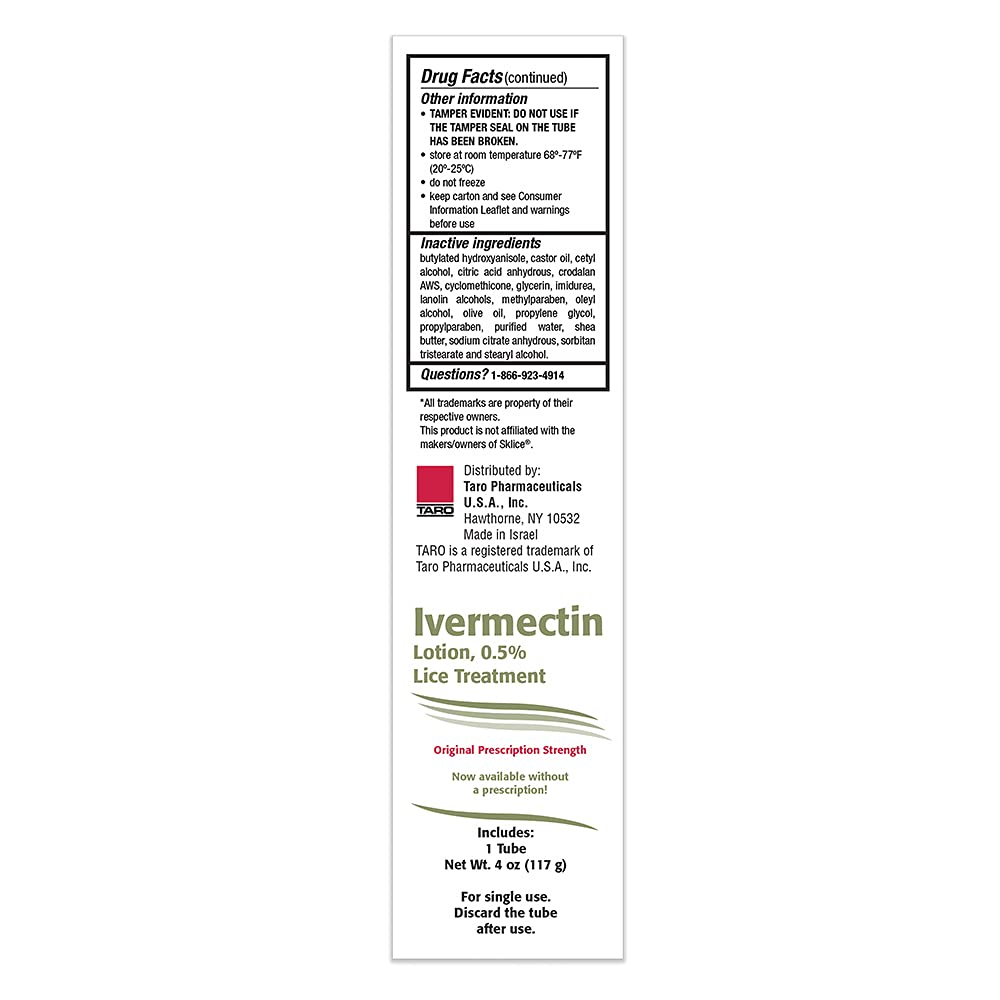 TARO Ivermectin Lotion 0.5% Lice Treatment for Adults - Prescription Level Hair Lice Treatment, Effective Solution Kills Eggs an