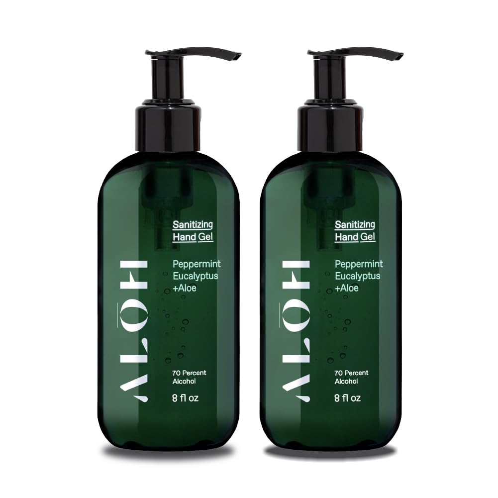 ALOH Sanitizing Hand Gel 2-pack | Peppermint Eucalyptus + Aloe | 70% Alcohol Hydrating Hand Sanitizer Gel with Essential Oil, fo