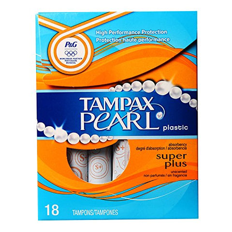 Tampax Pearl Plastic Unscented Tampons, Super Plus Absorbency, 18-Count (Pack of 12)