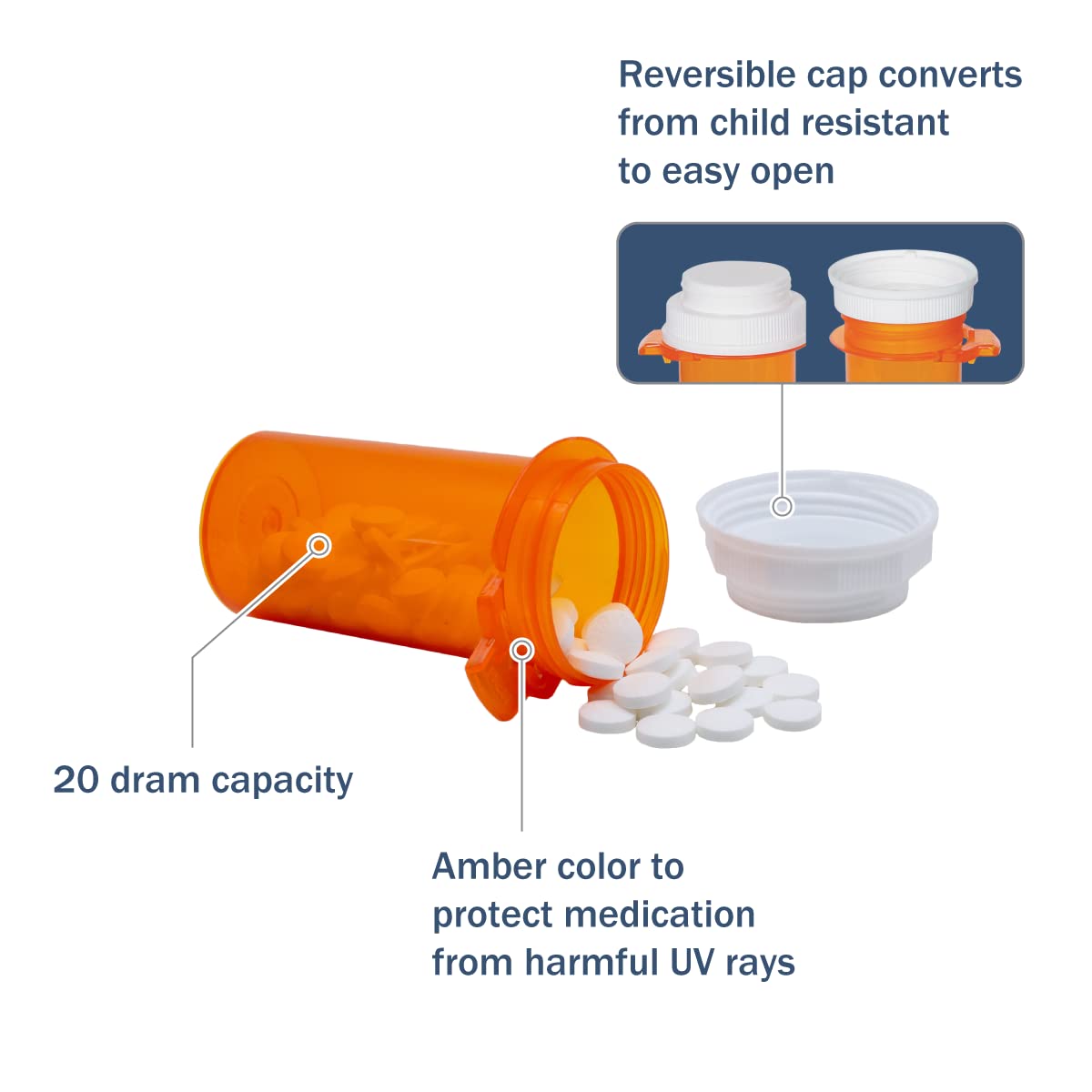 Ezy Dose Pill Box and Medicine, Vitamin Container & Vial, 20 Dram Storage, Child-Resistant Cap, Case of 145