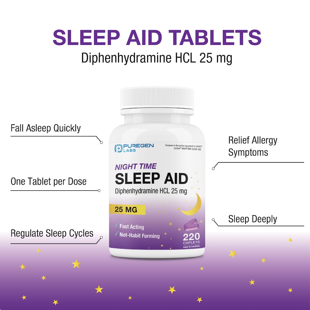 Puregen Labs Sleep Aid Caplets, Diphenhydramine HCl 25mg - 220 Count | Supports Deeper, Restful Sleeping, Non Habit-Forming | Ma