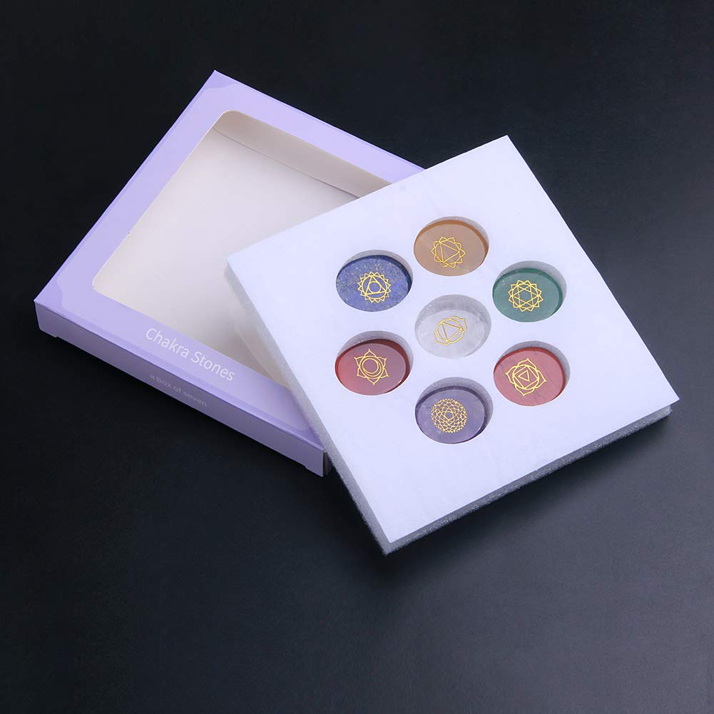 TGS Gems 7 Chakra Stones set - Reiki Healing Crystal With Engraved Chakra Symbols