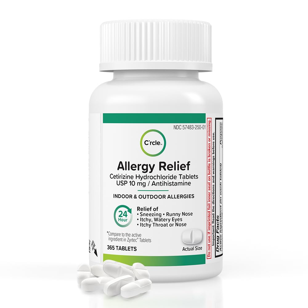 Crcle Cetirizine HCL 10mg 365 Tablets - Allergy Pills Non Drowsy & 24 Hour Allergy Medicine to Support Allergy Relief, Antihist