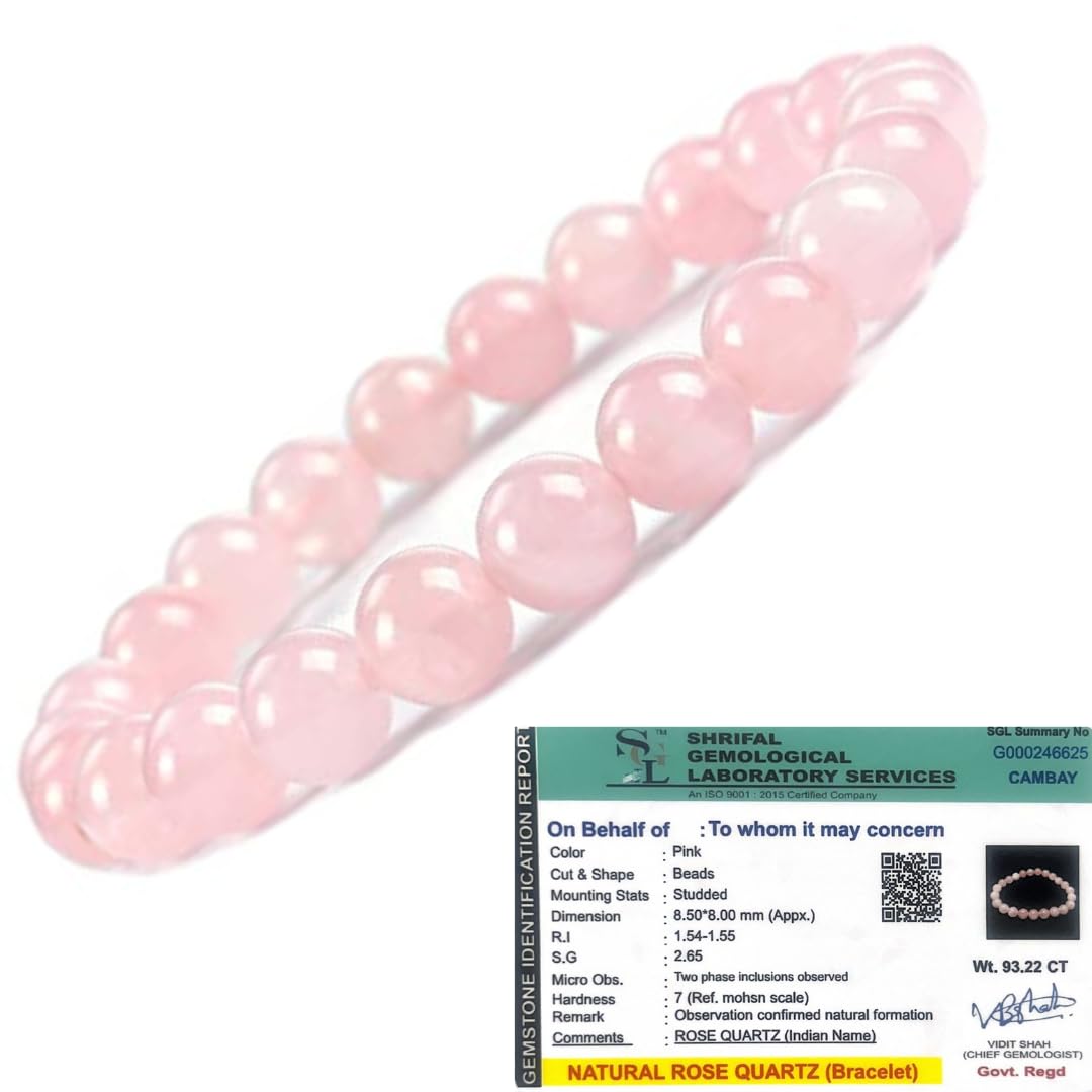 GOLDEN QUARTZ - Certified Pink Rose Quartz Bracelet with Certificate Natural Healing Crystal 8mm Beads (Rose Quartz Bracelet) Fo