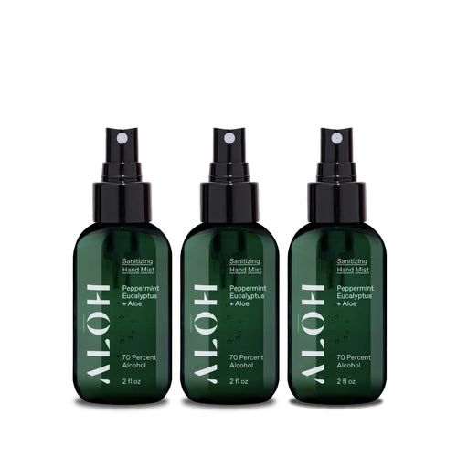 ALOH Sanitizing Hand Mist 3-pack | Peppermint Eucalyptus + Aloe | 70% Alcohol Hydrating Hand Sanitizer Spray with Essential Oil,