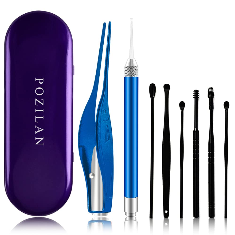 POZILAN Ear Picker Tweezers with LED Light - 8 Pack Ear Wax Removal Tool Cleaner Kit for Kids and Adults, Earwax Spoon Digger & 