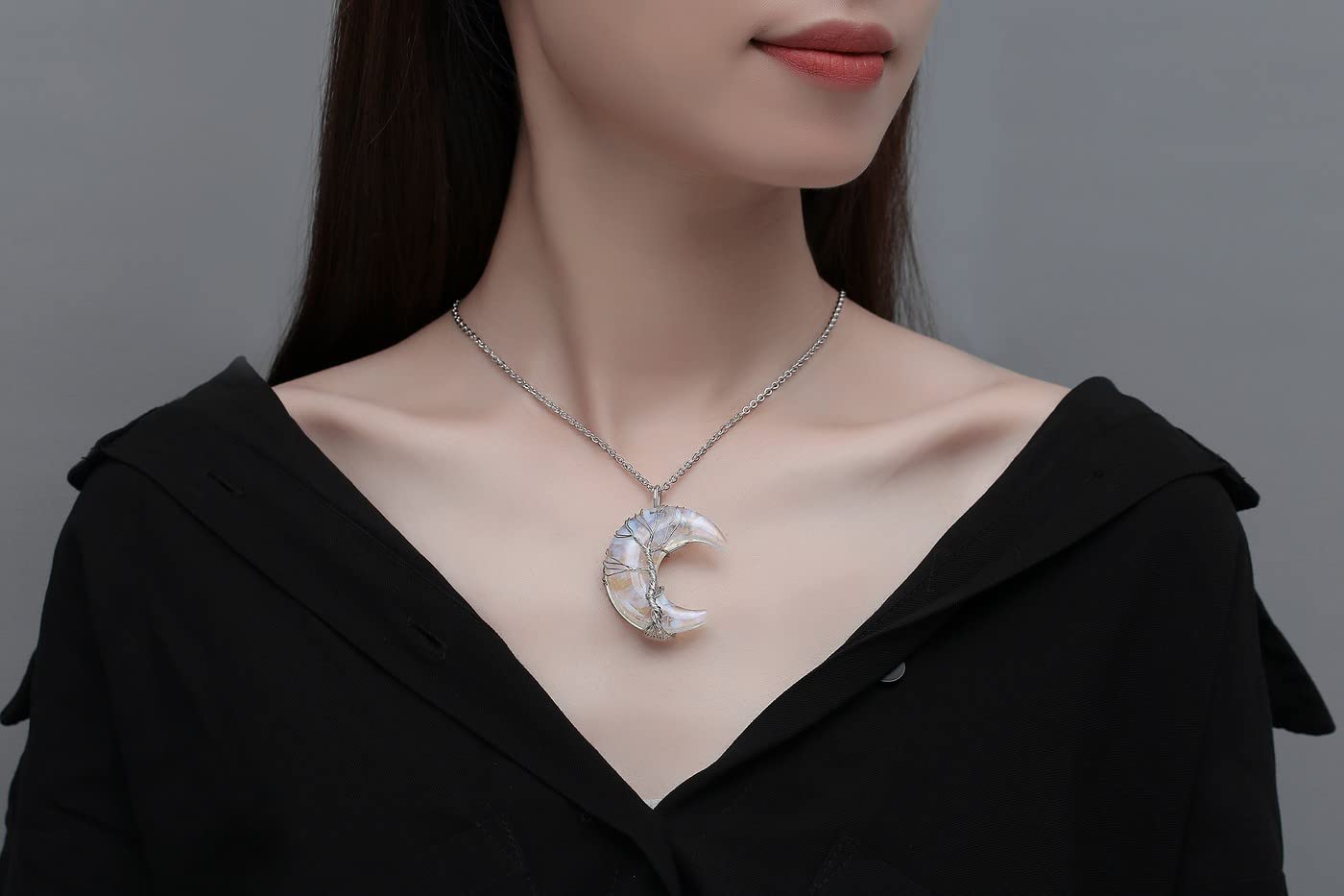 MAIBAOTA Opal Stone Necklace Healing Crystals Tree Life Wire Wrapped Crescent Moon Phase Pendant Necklace Mothers Day Gifts for