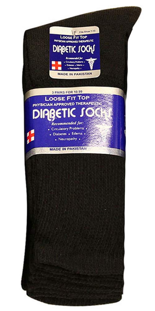 Physicians Approved Diabetic Socks Crew Unisex 3, 6 or 12-Pack (9-11, 3 Pairs Black)