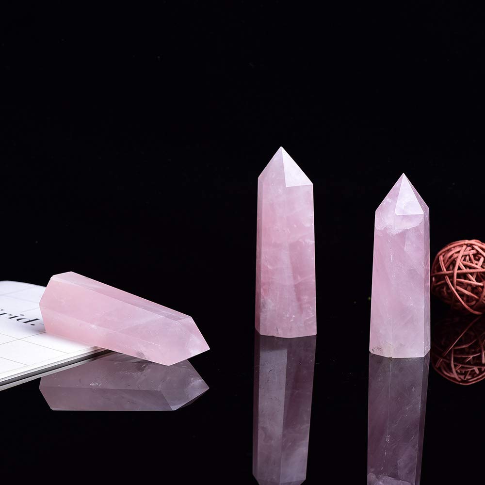 Runyangshi Natural Crystal Rose Quartz Healing Crystal Wands 2-2.4, 6 Faceted Prism Natural Crystal Wands Towers Reiki Chakra St