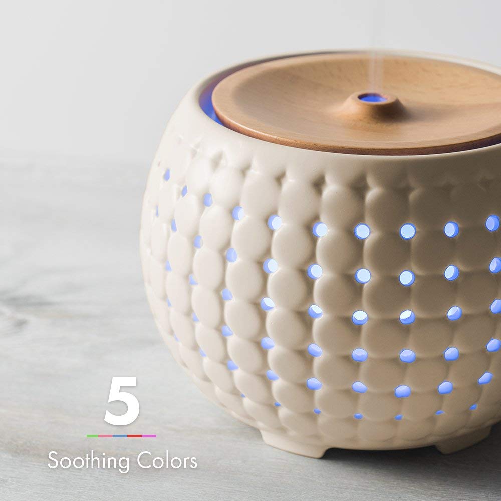Ellia , Gather Ultrasonic Aroma Diffuser , Grey , Ceramic & Wood | 200mL Humidifier with Color-Changing Light & Mood Sounds | 10
