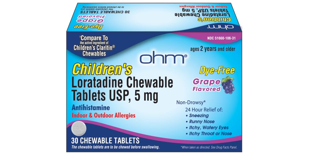 Ohm Childrens Chewable Tablets, Dye Free, Grape, Non-Drowsy 24h Relief of Sneezing, Runny Nose, Itchy Watery Eyes, Itchy Throat 