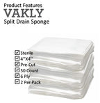 Split Drain Sponge Gauze 4x4 Sterile 6 Ply Pads [Pack of 50] Absorbent Precut 4X4 Non-Woven Slit Bandage for I.V. Tracheostomy -