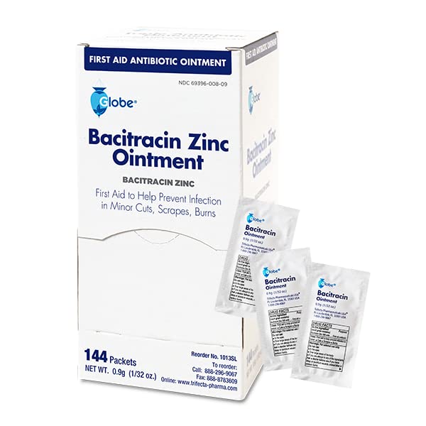 Globe (144 Packets) Bacitracin Antibiotic Zinc Ointment 0.9g Packet. First Aid to Prevent and heal infections for Minor cuts, sc