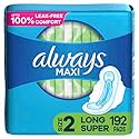 Always Maxi Feminine Pads For Women, Size 2 Long Super Absorbency, With Wings, Unscented, 32 Count x 6 (192 Count Total)