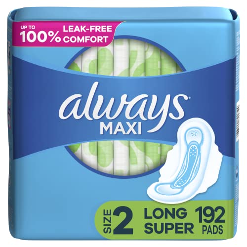 Always Maxi Feminine Pads For Women, Size 2 Long Super Absorbency, With Wings, Unscented, 32 Count x 6 (192 Count Total)