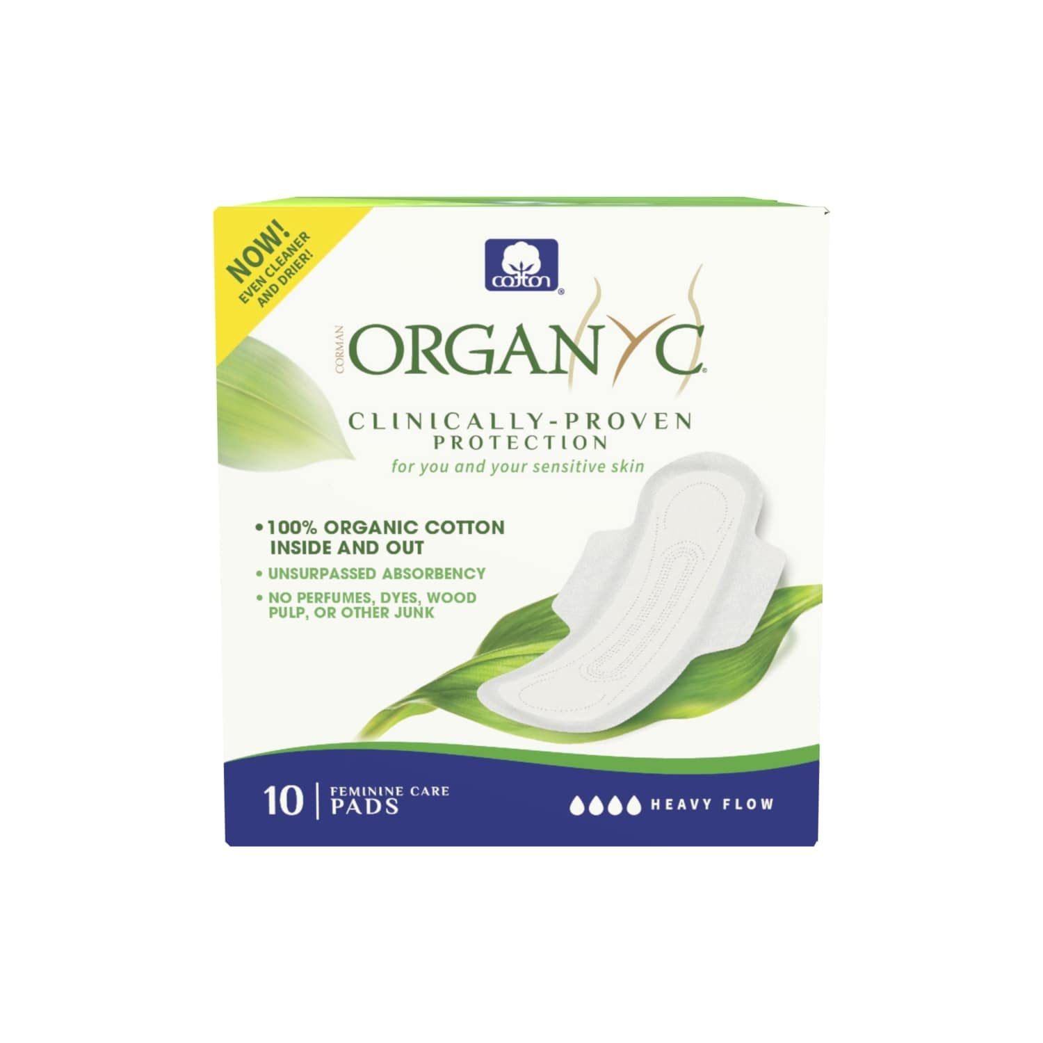 Organyc 100% Certified Organic Cotton Inside and Out Feminine Pads, Sanitary Napkin, Heavy Flow, 10 Count