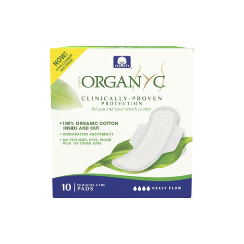 Organyc 100% Certified Organic Cotton Inside and Out Feminine Pads, Sanitary Napkin, Heavy Flow, 10 Count