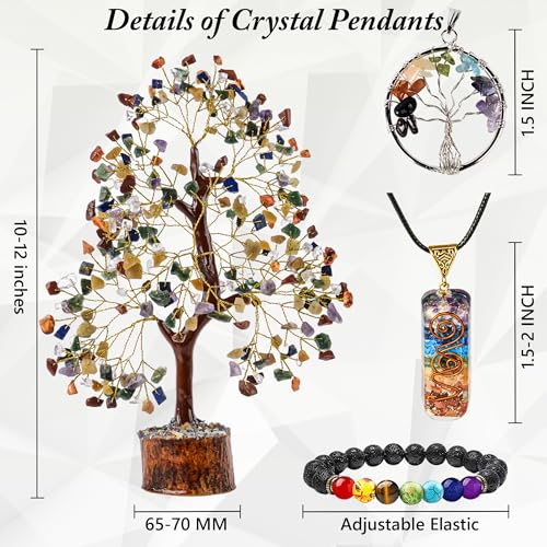 7 Chakra Healing Crystal Tree of Life, Handmade Golden Wire Crystal Tree for Good Luck, Positive Energy, Wealth, Reiki Healing,