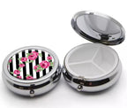 LuxSweet Rose Striped Pattern Pill Box Purse Pocket Small Round Silver Pill Case Decorative Box Metal Medicine Vitamin Pill Orga