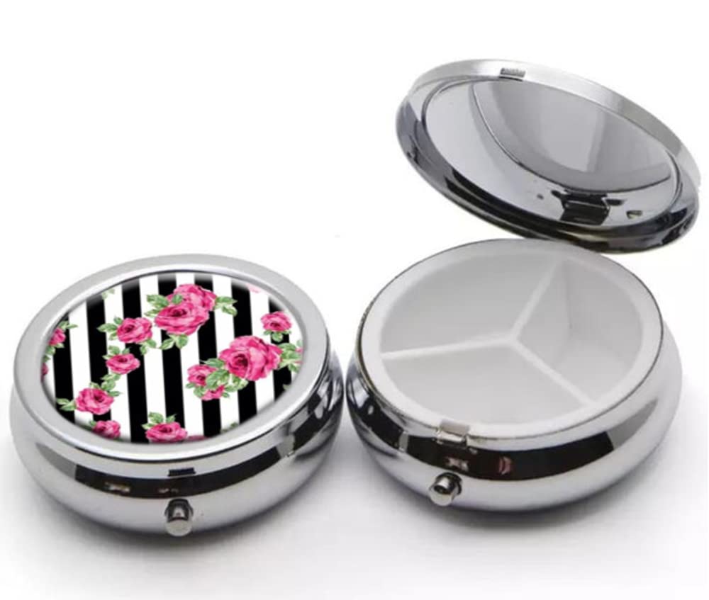 LuxSweet Rose Striped Pattern Pill Box Purse Pocket Small Round Silver Pill Case Decorative Box Metal Medicine Vitamin Pill Orga