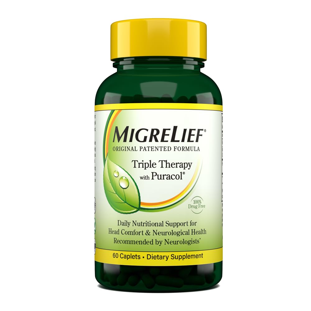 MigreLief Original Triple Therapy with Puracol - Nutritional Support for Migraine Sufferers - 60 Caplets/1 Month Supply