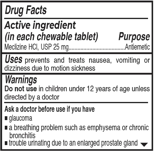 Rising Health Motion Relief and Nausea - Meclizine HCL 25mg - Antiemetic, Motion Relief Chewable Tablets (100)