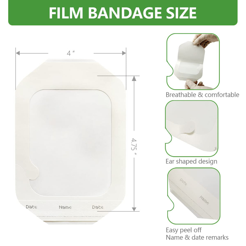Transparent Film Dressing 4 x 4.75, 50 Packs, Waterproof Wound Cover Bandage, Post Surgical Shower or Tattoo Aftercare Banda