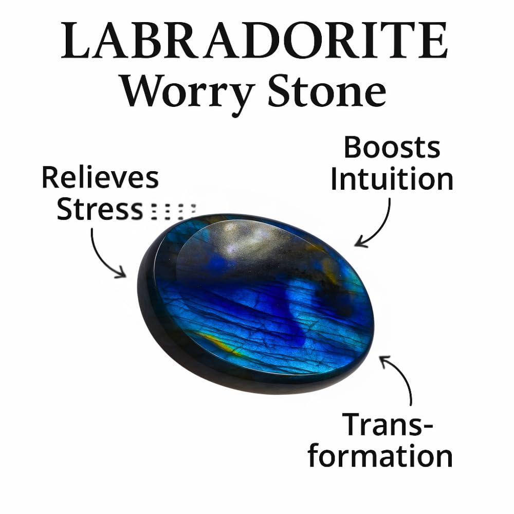 Anaya Agate Labradorite Worry Stone 35-40mm - Healing Thumb Crystal for Anxiety & Stress Relief - Palm Meditation Stone with Vel