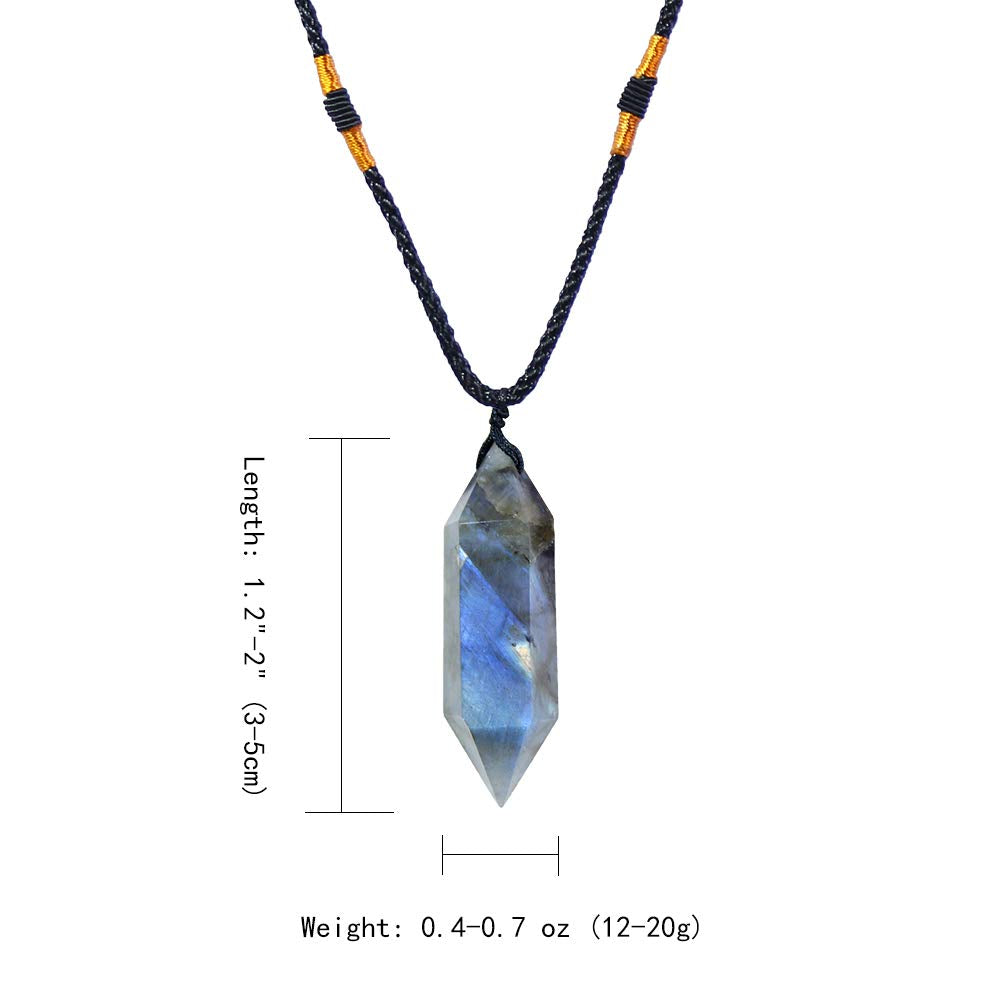 Runyangshi Labradorite Healing Crystal Pendants, Double Pointed Natural Crystal Quartz Necklace 6 Faceted Chakra Crystal Wand St