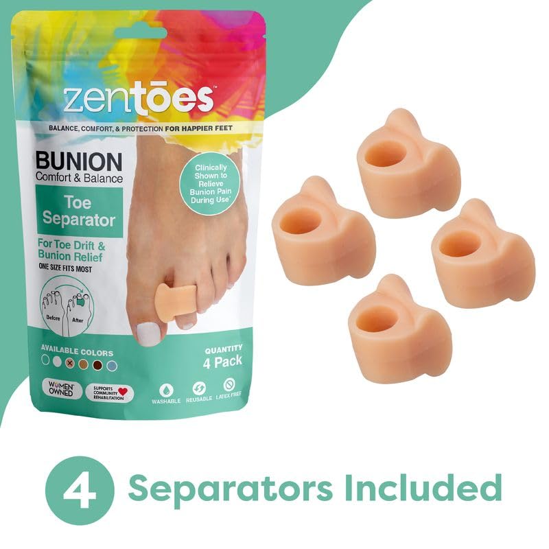 ZenToes Gel Toe Separators for Overlapping Toes, Bunions, Big Toe Alignment, Corrector and Spacer - 4 Pack (Beige)
