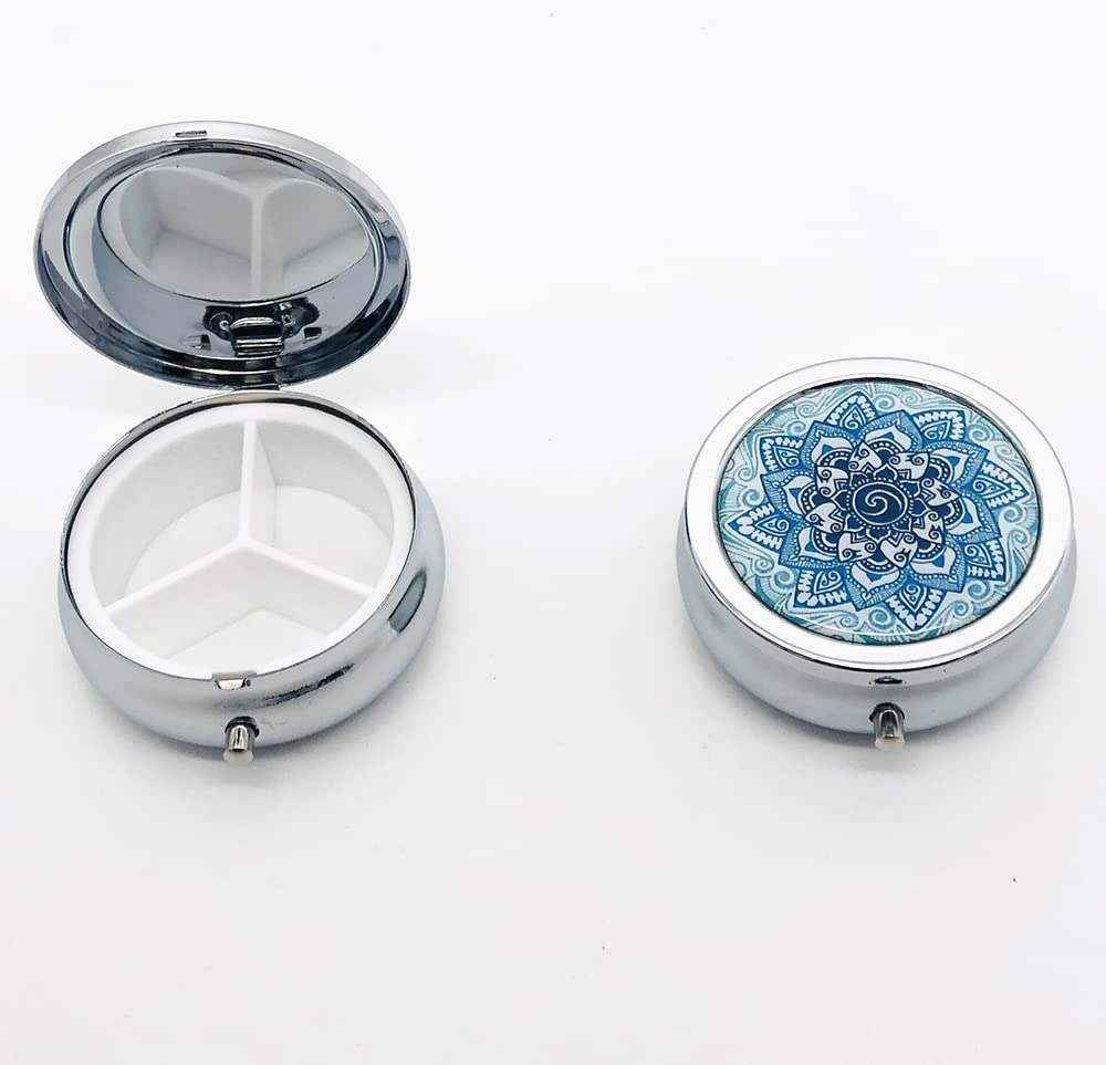 Blue Marble Pill Box Purse Pocket Small Round Silver Pill Case Decorative Box Metal Medicine Vitamin Pill Organizer Portable Uni