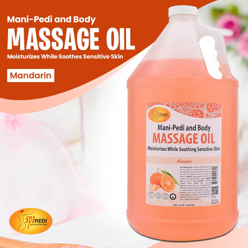 SPA REDI - Mandarin Scented Massage Therapy Oil, 128 Oz - Full Body Massage, Almond, Cotton Seed, Sunflower, Avocado & Essential