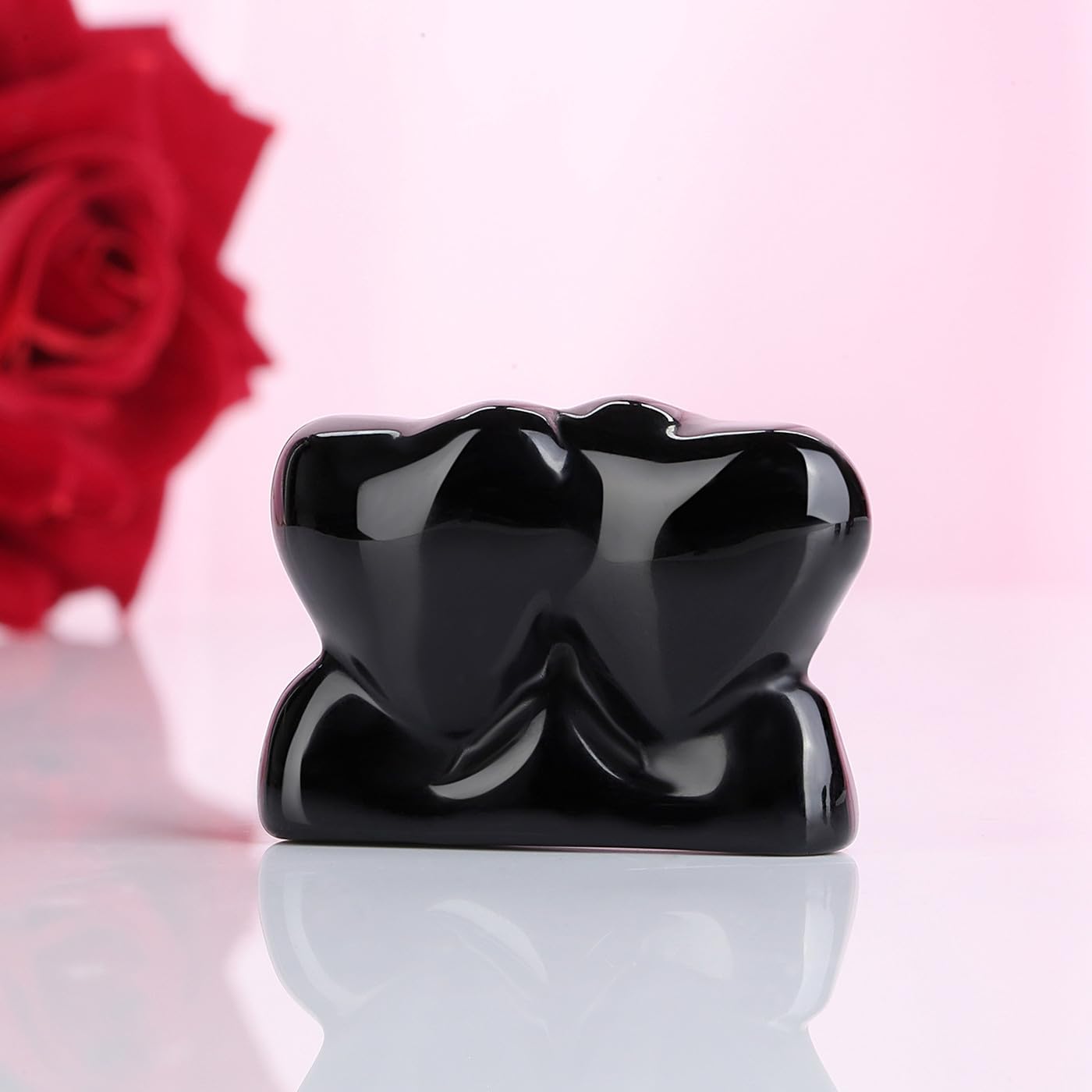 ZHIYUXI 1.8'' Black Obisdian Crystal Double Heart Stone Healing Crystal Heart Shaped Rock for Desk Decor Healing Crystals Polish